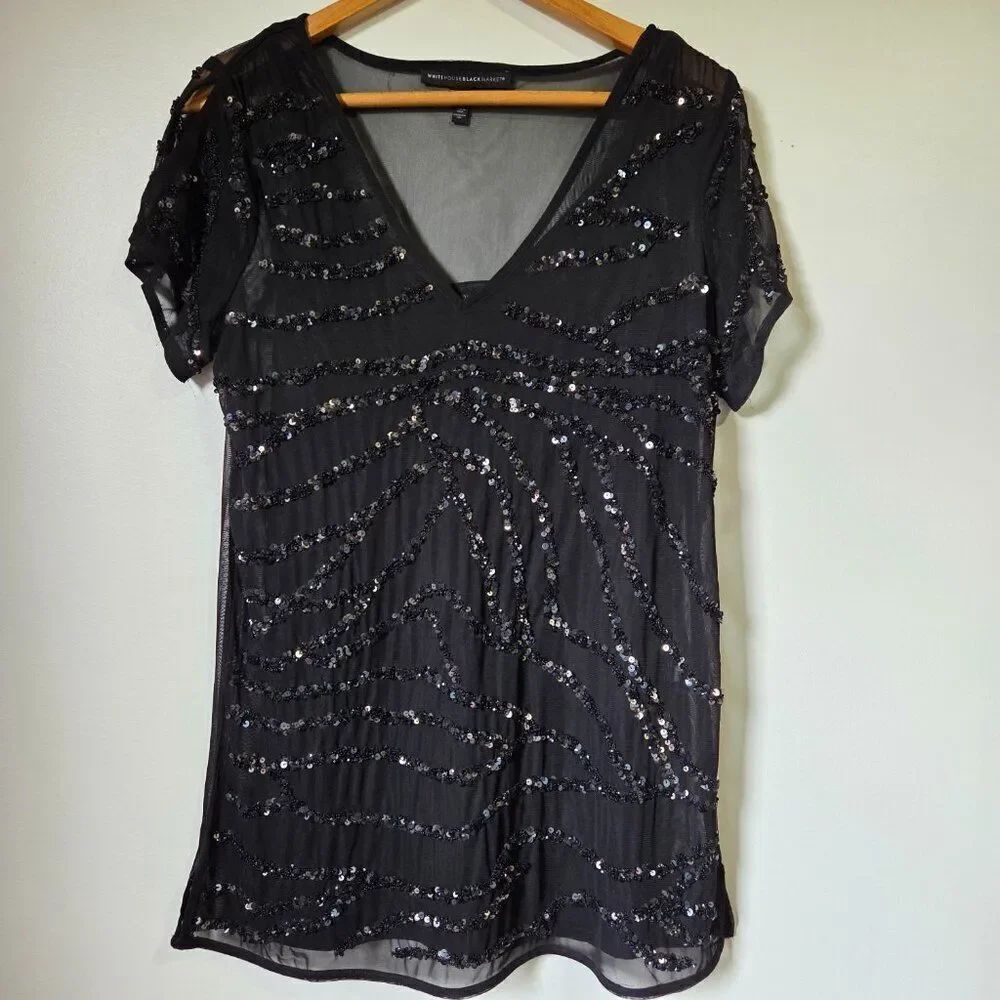 EUC WHITE HOUSE BLACK MARKET BLACK V NECK SEQUINED SHEER LINED TOP SIZE M